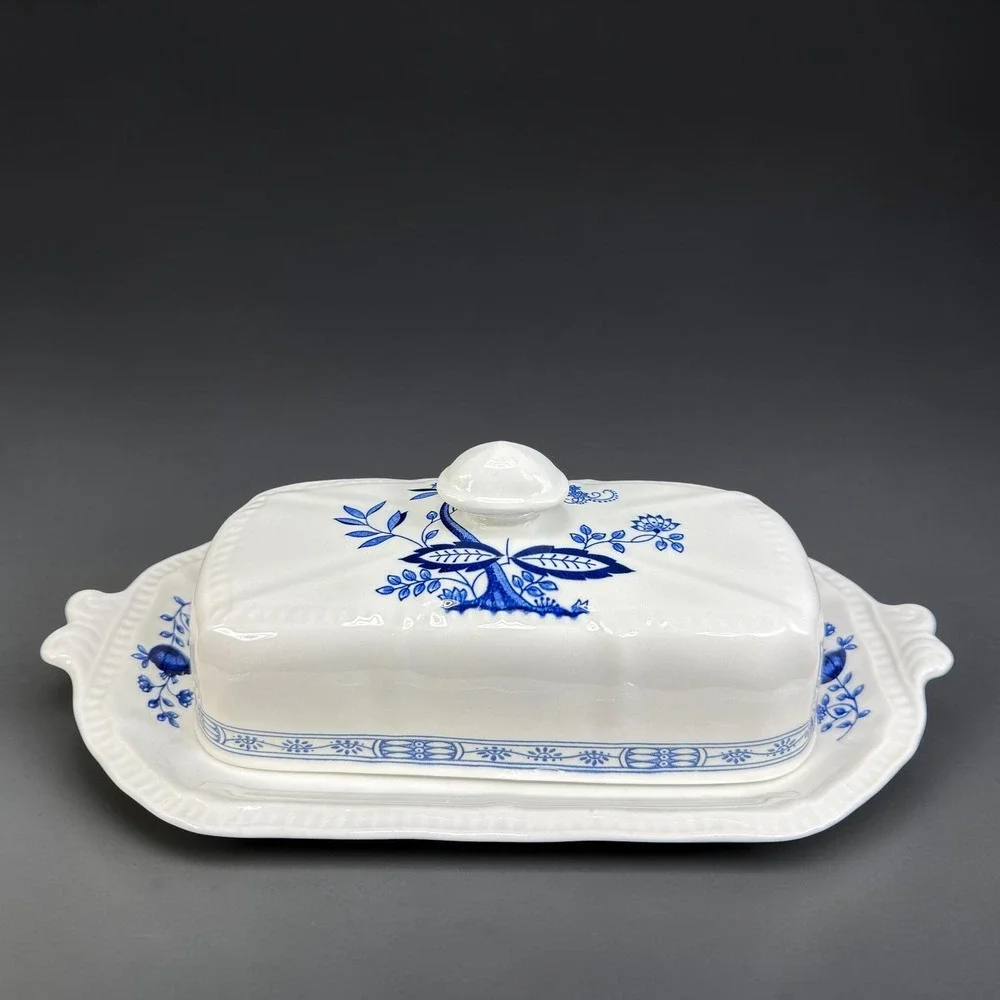 Kensington Staffordshire Ironstone Blue Onion Butter Dish Handcrafted England